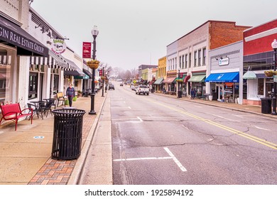 Apex, North Carolina USA-02 27 2021: Apex Downtown On A Very Foggy Winter Morning.