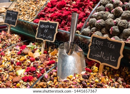Aphrodisiac teas at the spice bazaar in Istanbul.Viagra tea and love tea in bins with a scoop. [[stock_photo]] © 