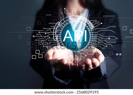 api application interface development interface. woman touching development concept