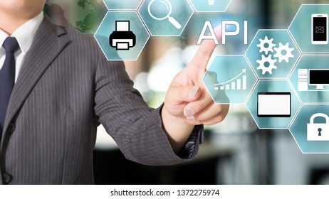 API  Application Programming Interface businessman pointing a visual icon.