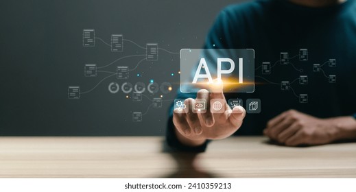 API Application Programming Interface concept, Man touch with virtual screen API icon Software development tool.
