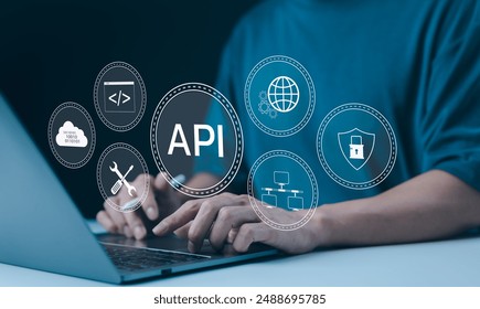 API Application Programming Interface Concept. A programmer types on a laptop, interacting with digital icons representing API development, security, and cloud computing. Application Software Tool,