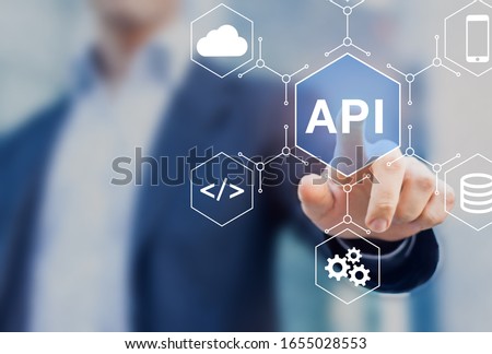 API Application Programming Interface connect services on internet and allow network data communication, software engineer touching concept for IoT, cloud computing, robotic process automation Imagine de stoc © 