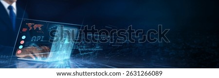 API (Application Programming Interface): Integration, data exchange, automation, connectivity, scalability, interoperability. Businessman data analysis for performance optimization network.