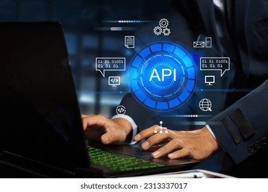 The API  (application programming interface) provides the interface for communication between applications, simplifying application integration. - Shutterstock ID 2313337017