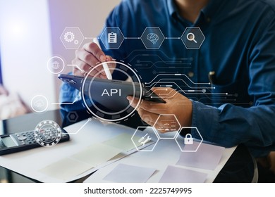 API - Application Programming Interface, woman using laptop, tablet and smartphone with virtual screen API icon Software development tool, modern technology and networking concept. - Shutterstock ID 2225749995