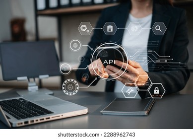 API Application Programming Interface, woman using laptop, tablet and smartphone with virtual screen API icon Software development tool, modern technology and networking concept. - Shutterstock ID 2288962743