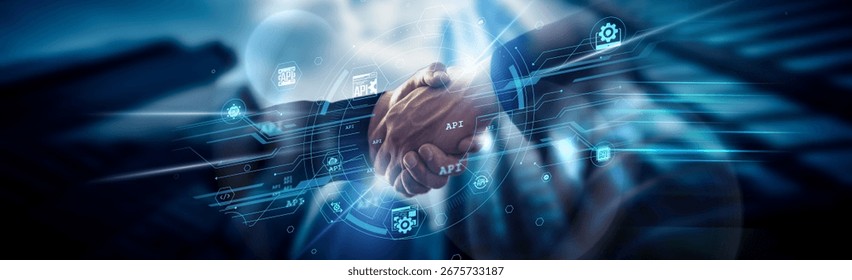 API concept, system integration, handshake of global network connection enabling services, communication, endpoints, data exchange, automation, access.