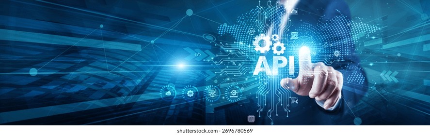 API Developer touch with global on structure API interface, enabling integration, connectivity, data exchange, automation, flexibility, services, and digital transformation.