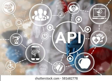 API Healthcare Medicine Iot Integration Web Computer Concept. Doctor Touched Application Programming Interface Acronym Word Icon On Virtual Screen. Health Care Smart Robotic Internet Technology