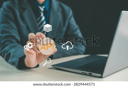 API integration concept with cloud computing, software development, data synchronization, system connectivity, digital automation, application programming interface, and business technology.