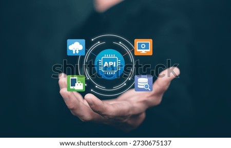 API integration concept showing connected digital systems including cloud services, applications, databases, and security. Modern software architecture and technology solution for enterprise platforms, system connectivity, and digital transformation.