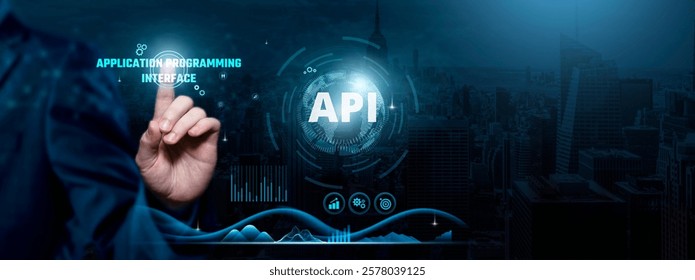 API Integration, Seamless Connectivity, Cutting-edge Solutions, Businessman touch API-related text on the global network cyberspace, technology, and innovation concept.