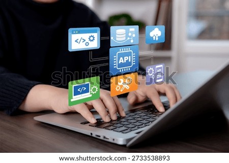 API integration and software development concept with developer working on laptop, connecting cloud services, databases, and applications. Modern technology solution for automation, system integration, and digital transformation.