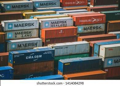 APL, Maersk, Hamburg SUD And China Shipping Containers Stacked In DCT Container Terminal In Gdańsk - The Biggest Container Port In Baltic Sea. Gdansk, Pomerania / Poland - May 19 2019.