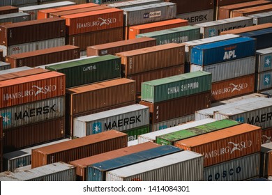 APL, Maersk, Hamburg SUD And China Shipping Containers Stacked In DCT Container Terminal In Gdańsk - The Biggest Container Port In Baltic Sea. Gdansk, Pomerania / Poland - May 19 2019.