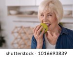 An aple a day keeps doctor away. Close up of a cheerful elderly woman eating an apple while smiling in the kitchen
