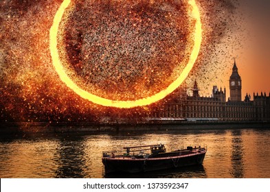 Apocalypse End Of Times Digital Concept Of Explosion At Houses Of Parliament, Westminster, London, UK