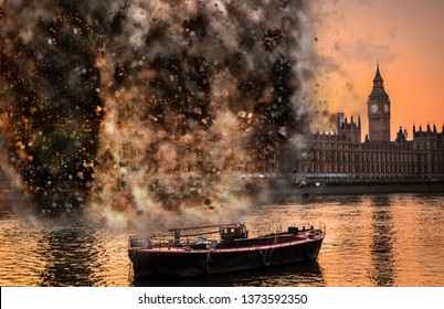 Apocalypse End Of Times Digital Concept Of Explosion At Houses Of Parliament, Westminster, London, UK