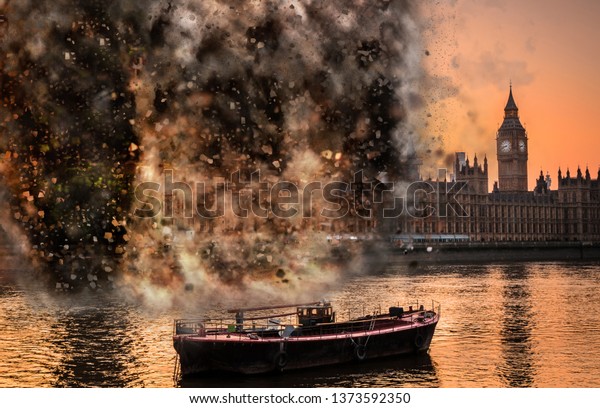 Apocalypse End of Times digital\
concept of explosion at Houses of Parliament, Westminster, London,\
UK