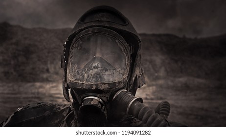 Apocalypse. A lonely warrior wanders through the wasteland. - Shutterstock ID 1194091282