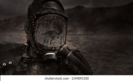Apocalypse. A lonely warrior wanders through the wasteland. - Shutterstock ID 1194091330