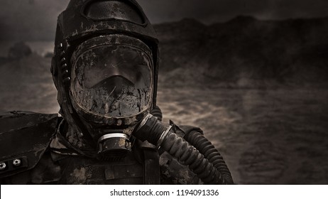 Apocalypse. A lonely warrior wanders through the wasteland. - Shutterstock ID 1194091336