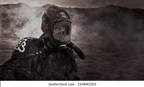 Apocalypse. A lonely warrior wanders through the wasteland. - Shutterstock ID 1194092203