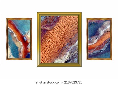 Apocalypse,  Triptych Of  3 Golden Frames With Abstract Photos Of The Deserts Of Africa From The Air, On A White Background, 