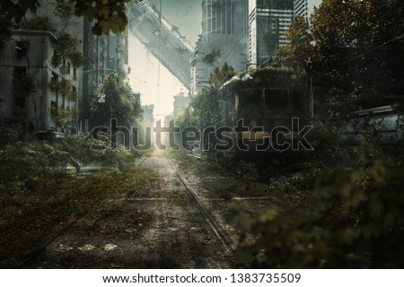 Apocalyptic city scene with lost skyscrapers