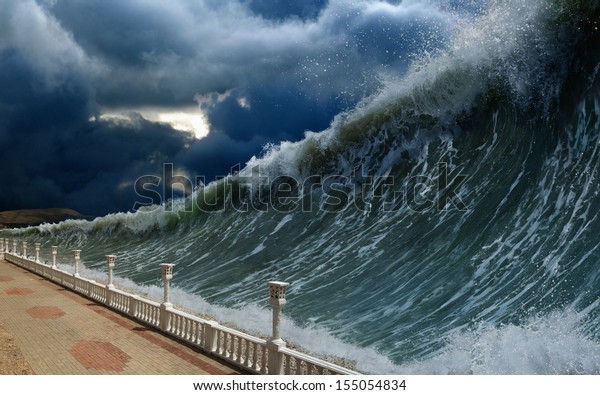 Apocalyptic dramatic background - giant tsunami\
waves, dark stormy\
sky