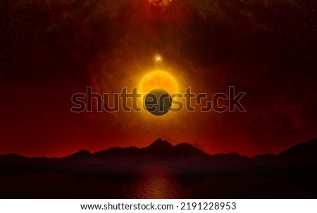 Apocalyptic dramatic image, doomsday event concept. Glowing full moon and planet Nibiru in dark red sky above black mountains and sea.