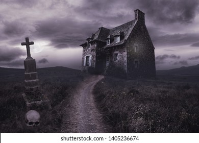 Apocalyptic Halloween scenery with old house, skull and grave