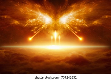 Apocalyptic religious background - end of the world, battle of armageddon, forces of evil destroy humanity. Elements of this image furnished by NASA - Shutterstock ID 739241632