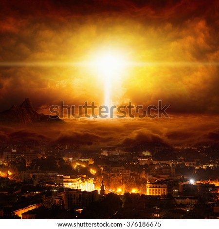 Apocalyptic religious background - huge powerful lightning hits city, judgment day, end of world, red glowing skies