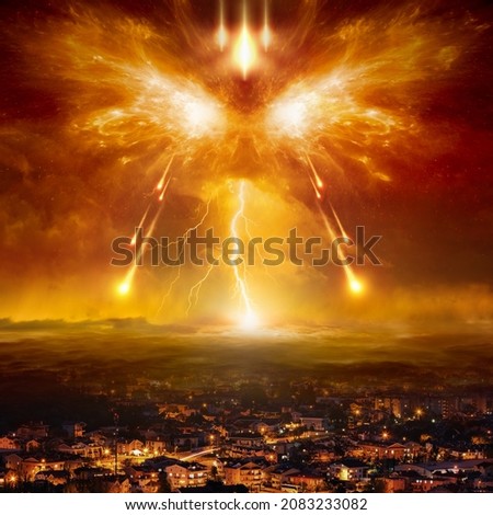 Apocalyptic religious image – armageddon battle between forces of good and evil, judgment day, end of world and times. Elements of this image furnished by NASA