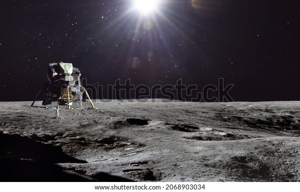 Apollo\
Lunar module spaceship on surface of Moon. Artemis lunar space\
program. Elements of this image furnished by\
NASA