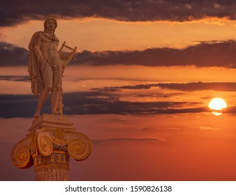 Apollo Statue The Ancient Greek God Of Poetry And Music Under Dramatic Magic Hour Sky, Athens Greece