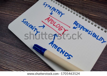 Apology keywords write on a book isolated on the table.