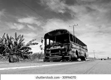 APOPA, EL SALVADOR. A City Bus Burned By Gang Members In Apopa, El Salvador.