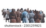 Apostles of Jesus Christ middle eastern men wearing colorful medieval clothing standing view from the back