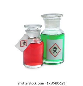 Apothecary bottles with poison on white background