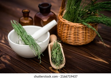 Apothecary Mortar With Dry Medicinal Herbs Horse Tail. Equisetum, Horsetail, Snake Grass, Oil For Cosmetology. Puzzlegrass, Candock Extract For Alternative Medicine Used Diuretic For Edema.