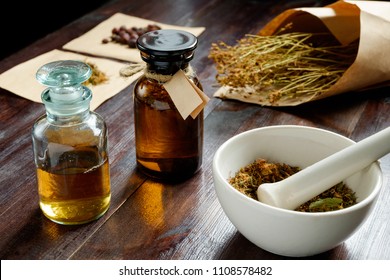 Apothecary Vintage Set Of Bottles, Herbs And Mortar