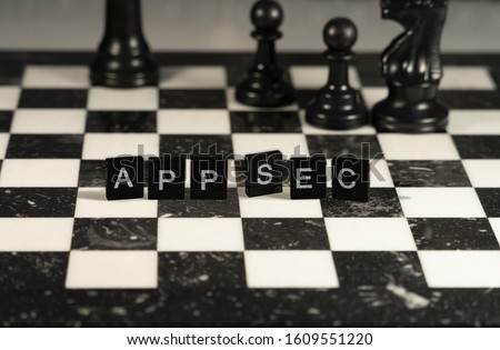 App Sec the word or concept represented by black & white letter tiles on a chessboard