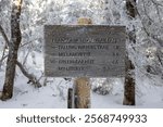 Appalachian Trail Sign on Mount Liberty in snow. Lincoln NH, January 3rd, 2025.