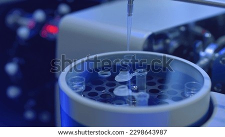 Apparatus for automatic sampling, analysis. A robo hand takes a sample from a test tube for testing or analysis. New technologies in science. Artificial intelligence is conducting an experiment.