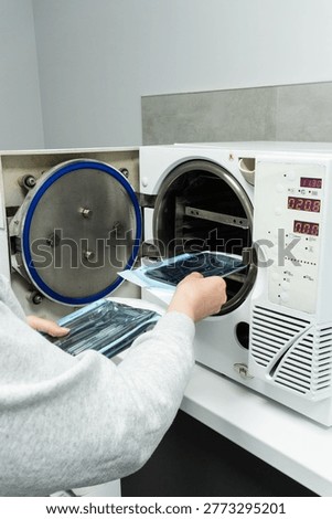 apparatus machine for sterilization and disinfection process medical dental instruments made of stainless steel: syringe, dental mirror, oral health and hygiene, dental office, surgery