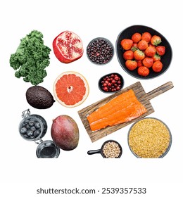 An appealing layout showcases fresh salmon, colorful fruits like strawberries and pomegranates, leafy greens, and nutritious grains on a rustic wooden cutting board, prom Isolated on white background - Powered by Shutterstock