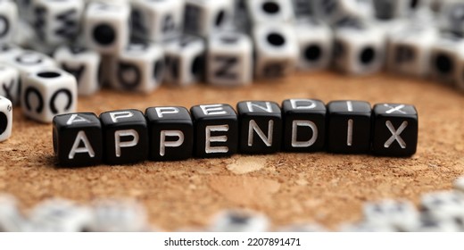 Appendix Word Of Plastic Cube Concept On Wooden Background.